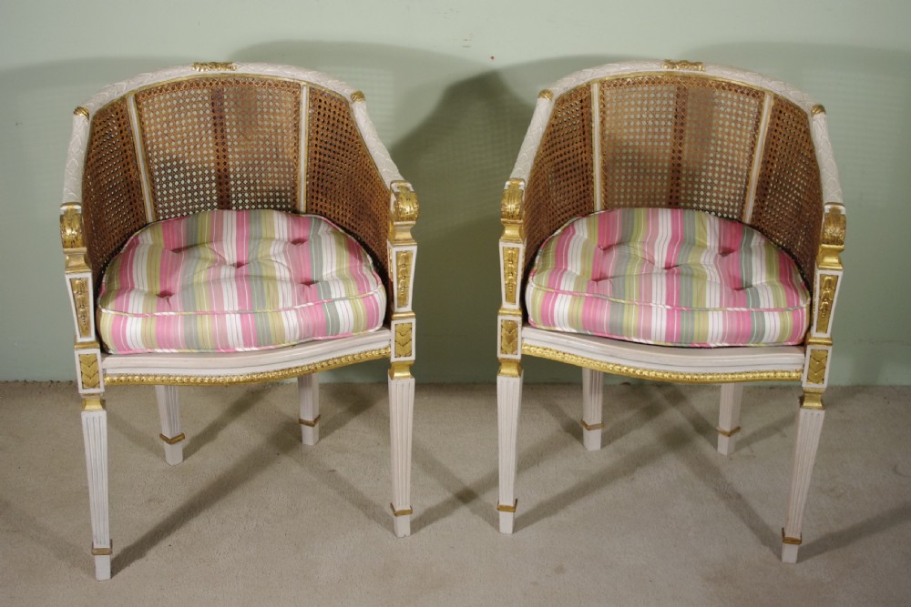Pair French Louis XVI Style Painted/Gilt Cane Tub/Boudoir Chairs View VIII