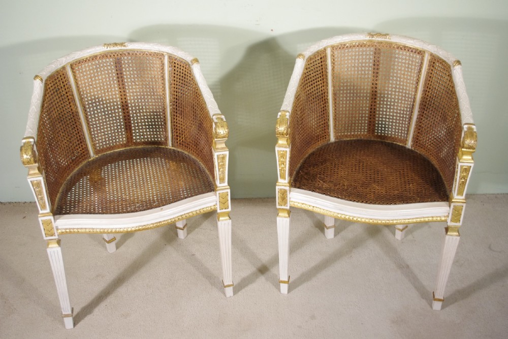 Pair French Louis XVI Style Painted/Gilt Cane Tub/Boudoir Chairs View IX