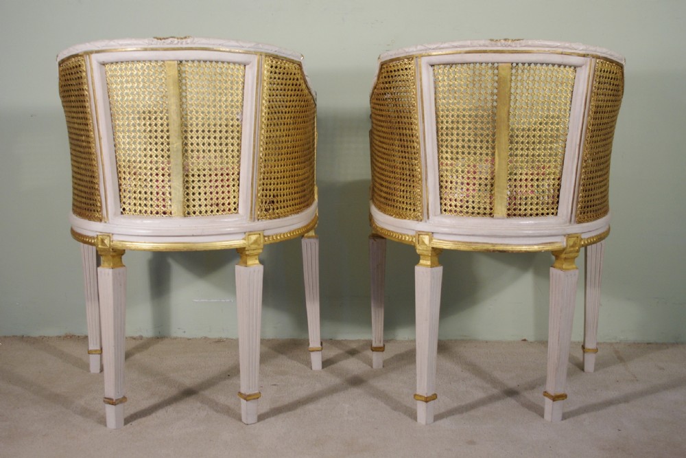 Pair French Louis XVI Style Painted/Gilt Cane Tub/Boudoir Chairs View XI