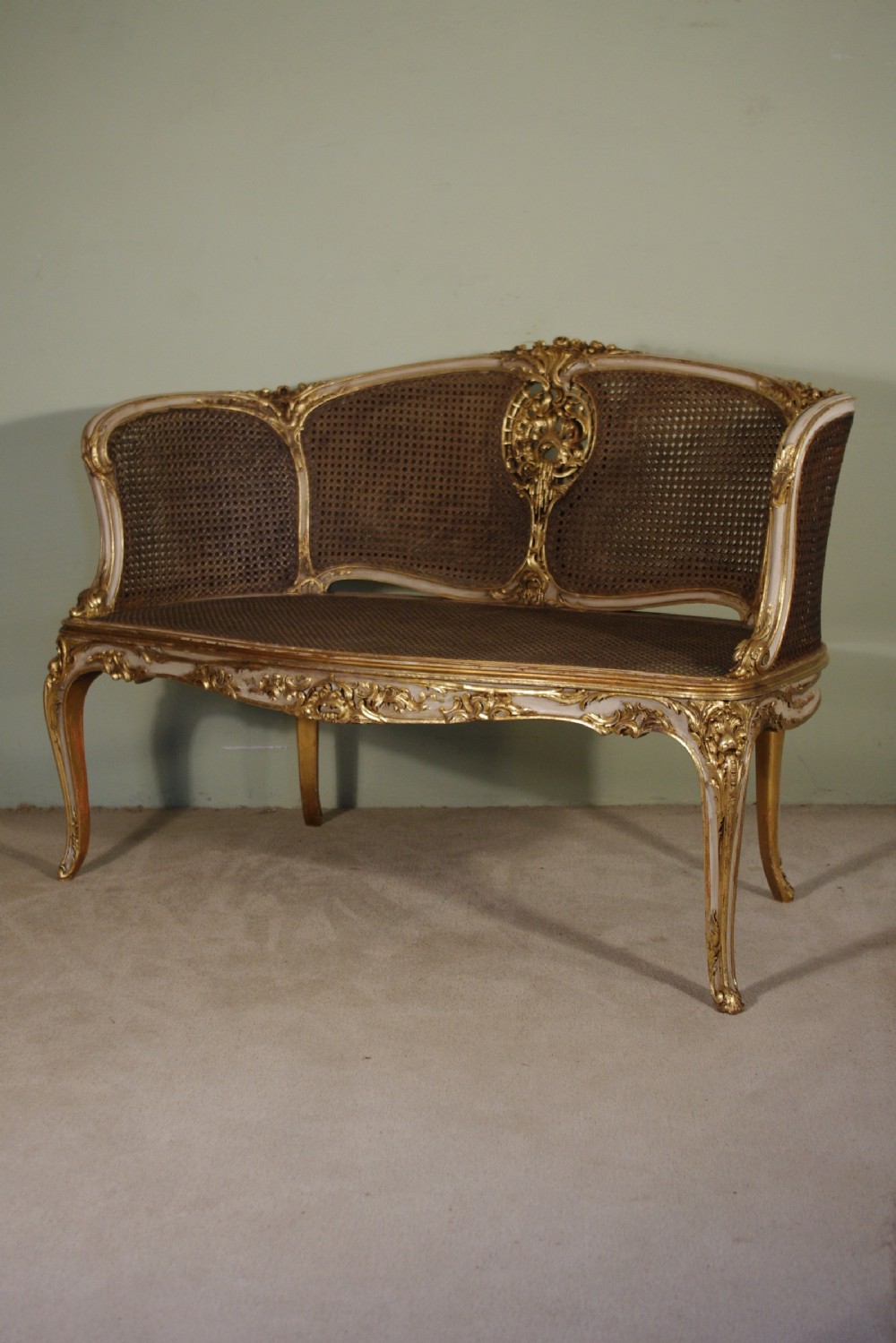 19th Century French Louis XV Style Painted/Gilt Cane Sofa