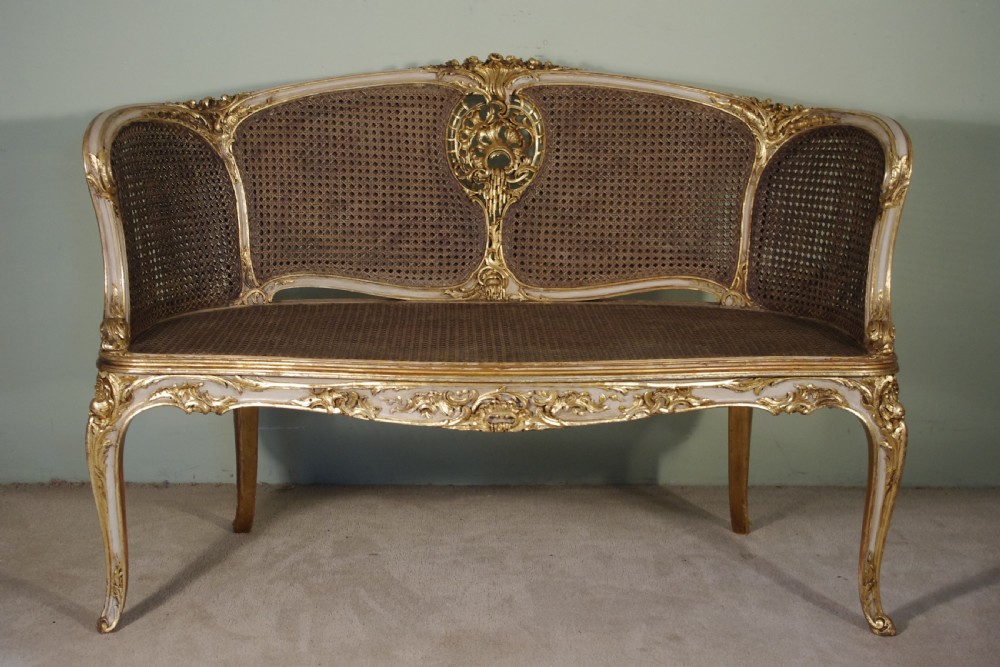 19th Century French Louis XV Style Painted/Gilt Cane Sofa View II