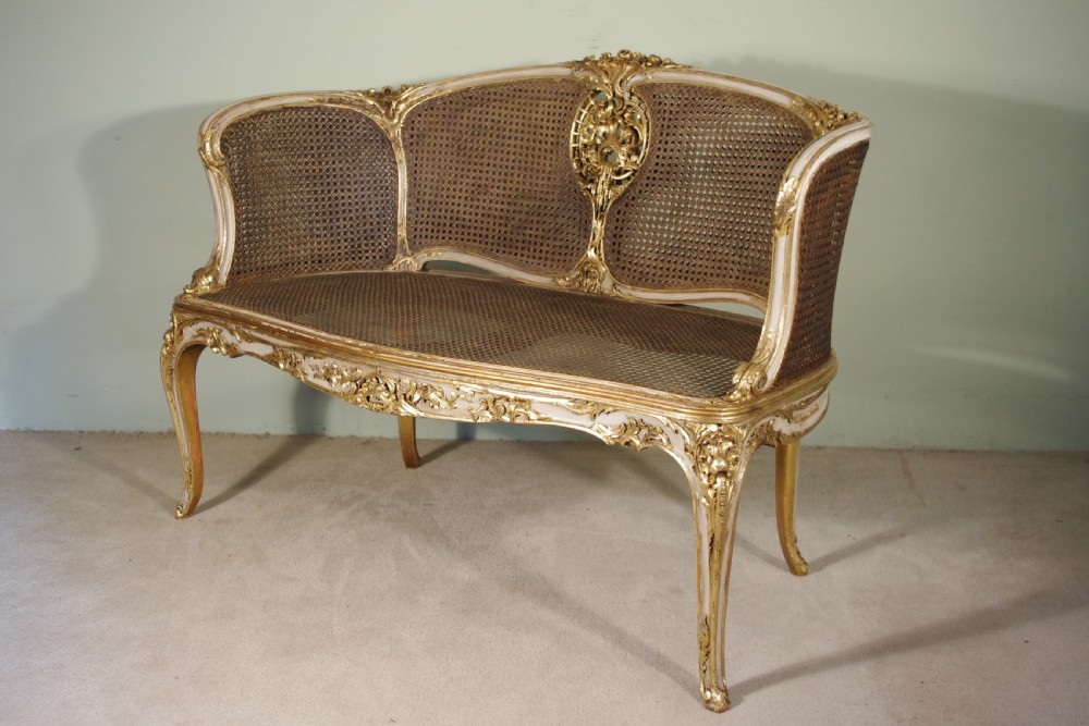 19th Century French Louis XV Style Painted/Gilt Cane Sofa View III