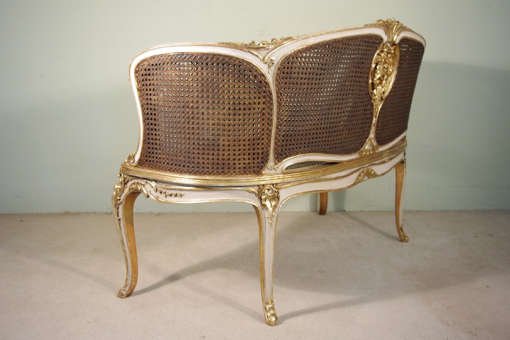 19th Century French Louis XV Style Painted/Gilt Cane Sofa View V