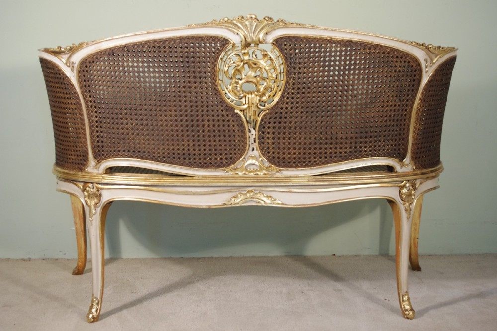 19th Century French Louis XV Style Painted/Gilt Cane Sofa View VI