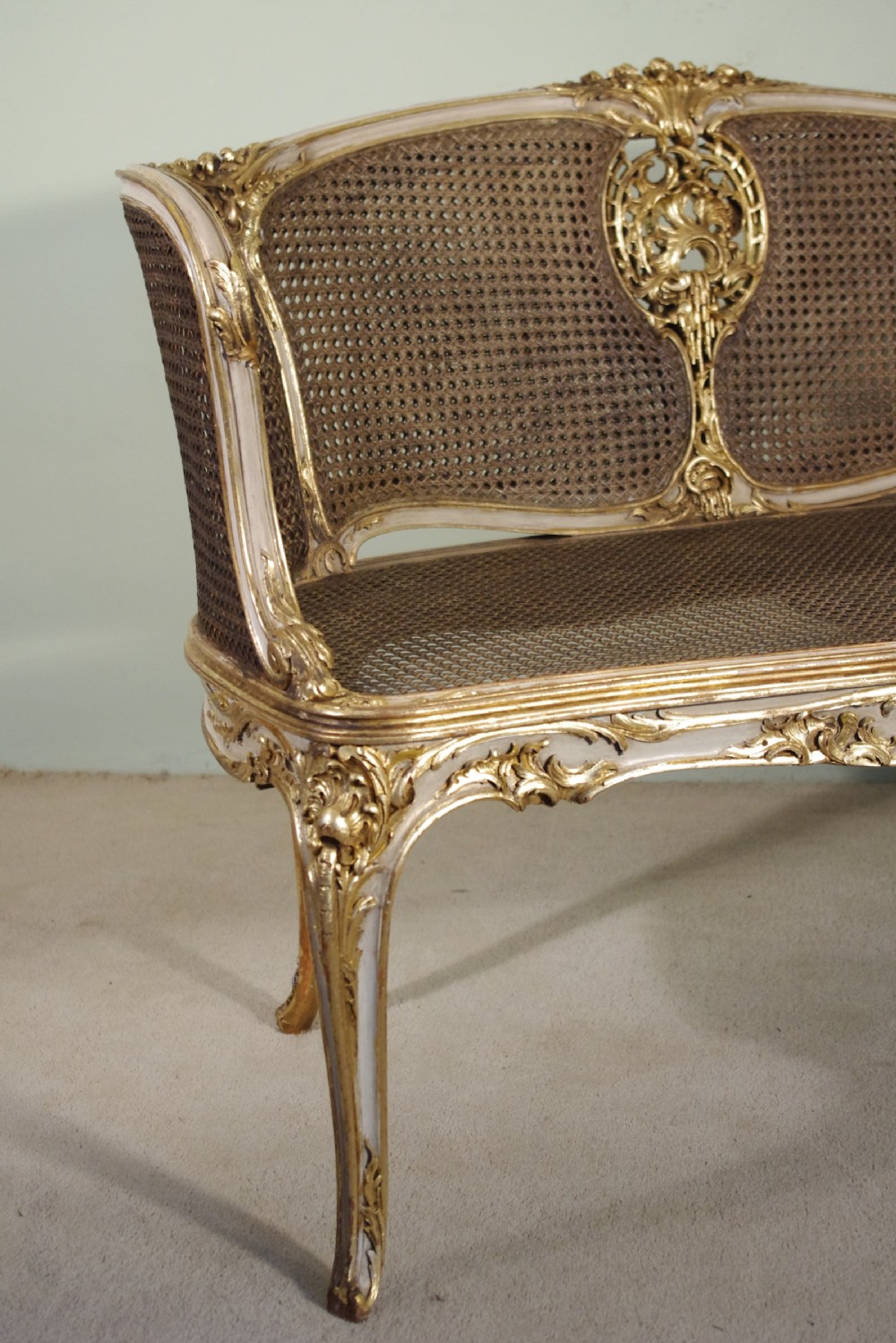 19th Century French Louis XV Style Painted/Gilt Cane Sofa View VII