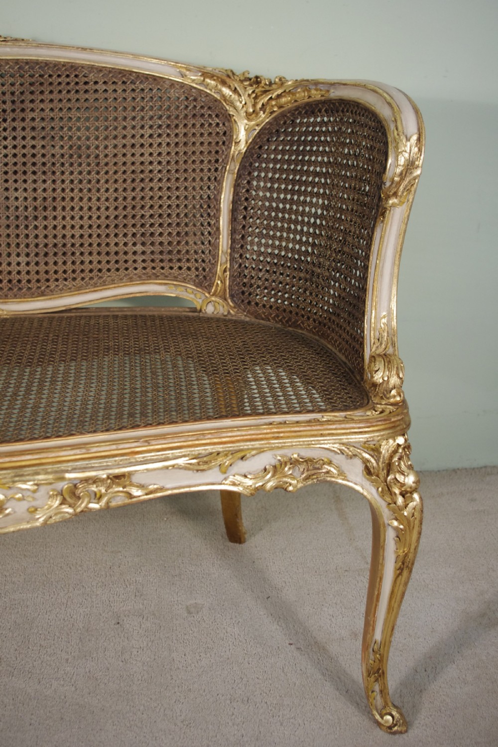 19th Century French Louis XV Style Painted/Gilt Cane Sofa View VIII