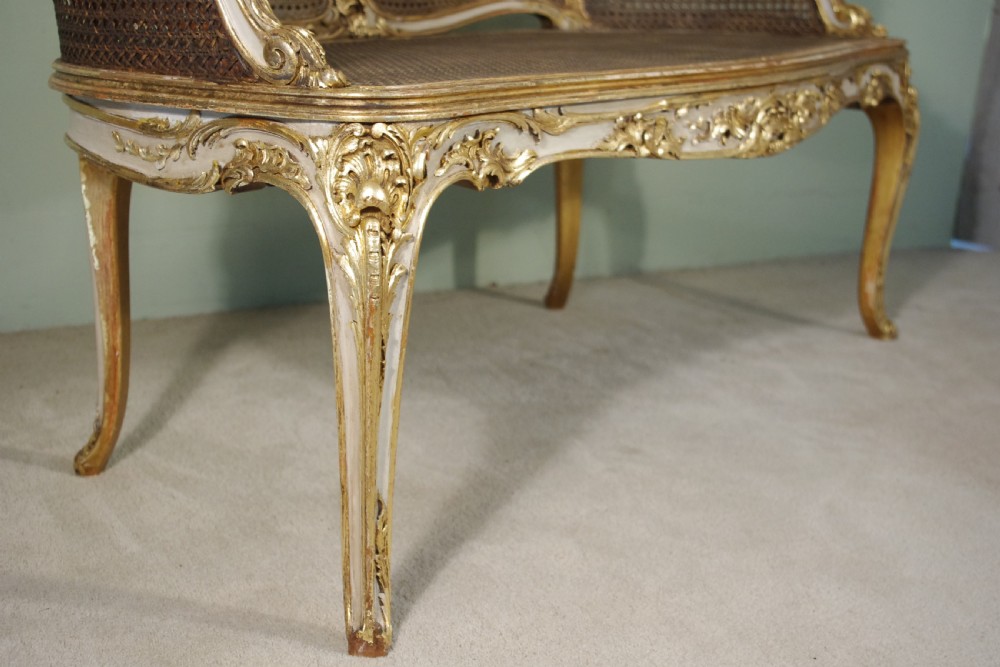 19th Century French Louis XV Style Painted/Gilt Cane Sofa View IX