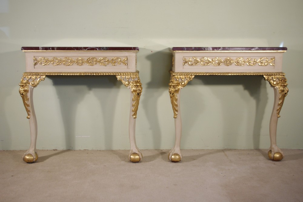 Pair Painted and Parcel-Gilt Marble Top Console Tables