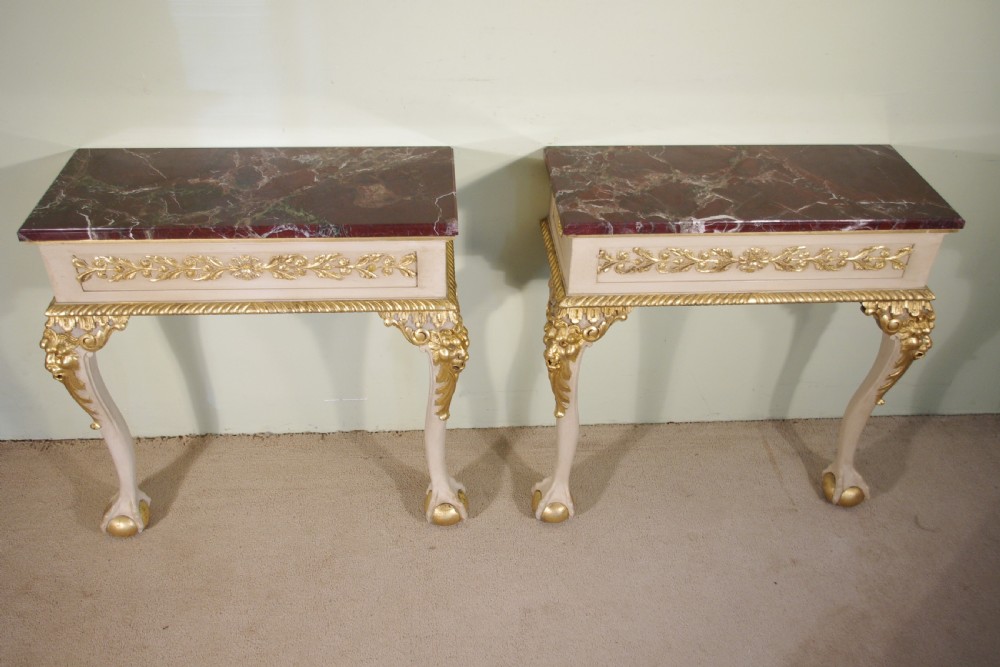 Pair Painted and Parcel-Gilt Marble Top Console Tables View II