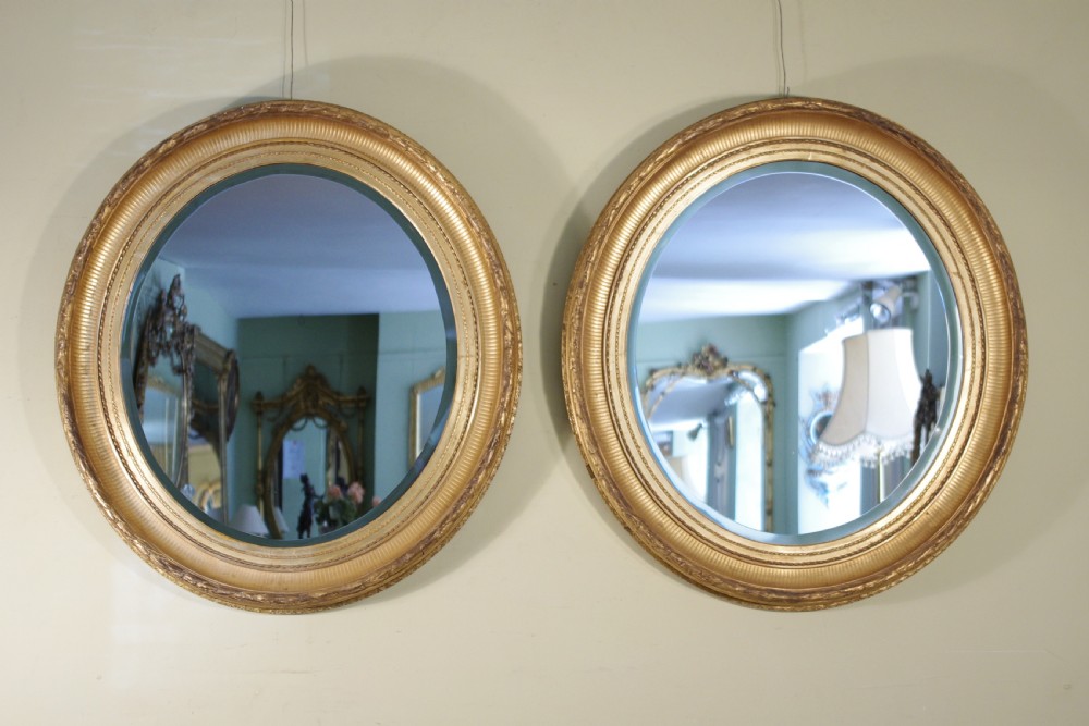 Pair English Victorian Gilt Large Oval Wall Mirrors