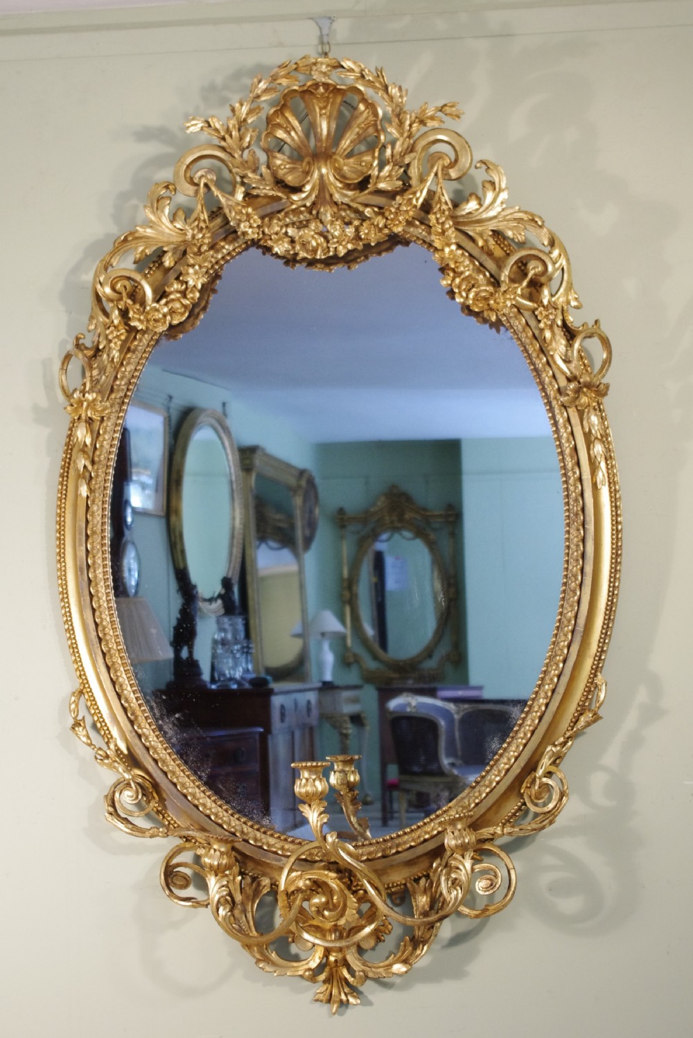 English Victorian Gilt Large Oval Three Candle Sconce Girandole/Overmantle/ Wall Mirror