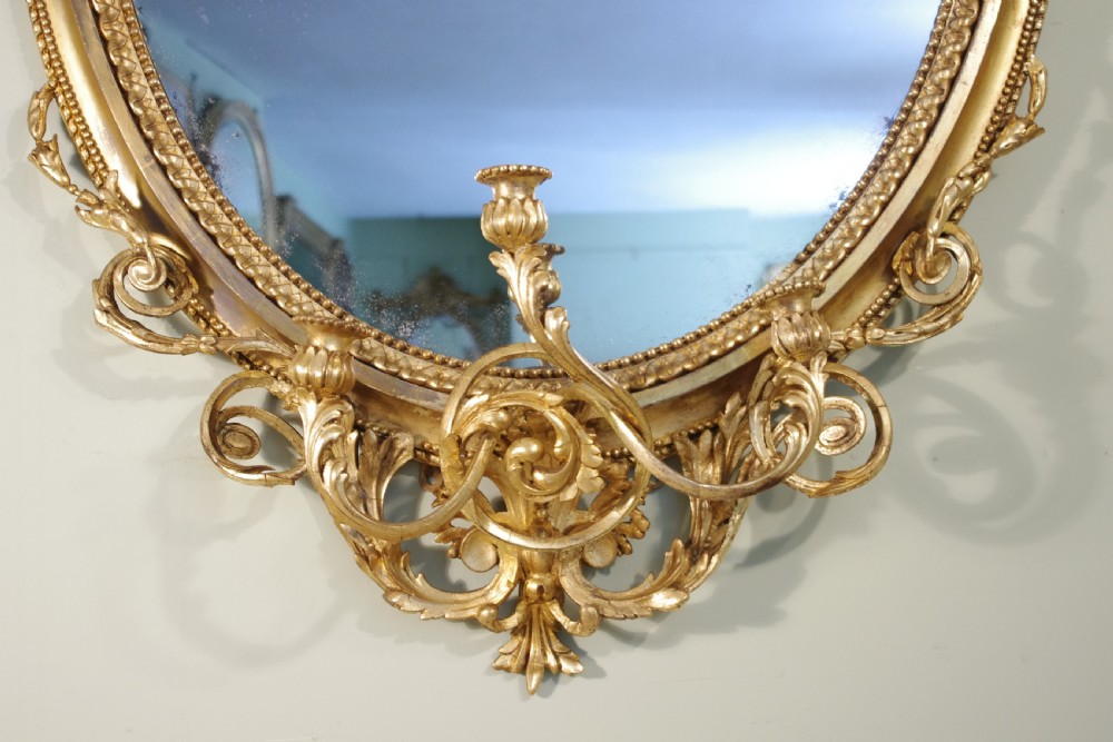 English Victorian Gilt Large Oval Three Candle Sconce Girandole/Overmantle/ Wall Mirror View V