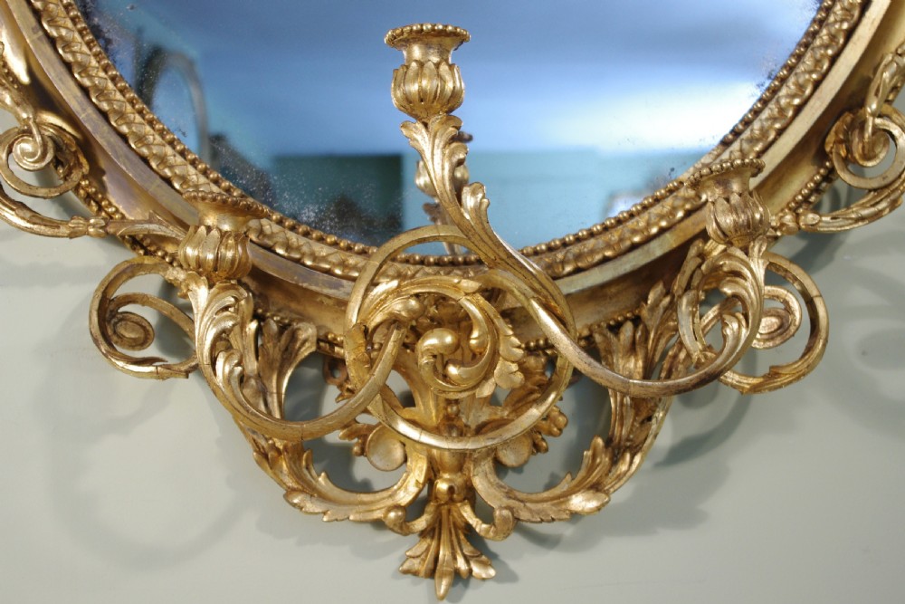 English Victorian Gilt Large Oval Three Candle Sconce Girandole/Overmantle/ Wall Mirror View VI