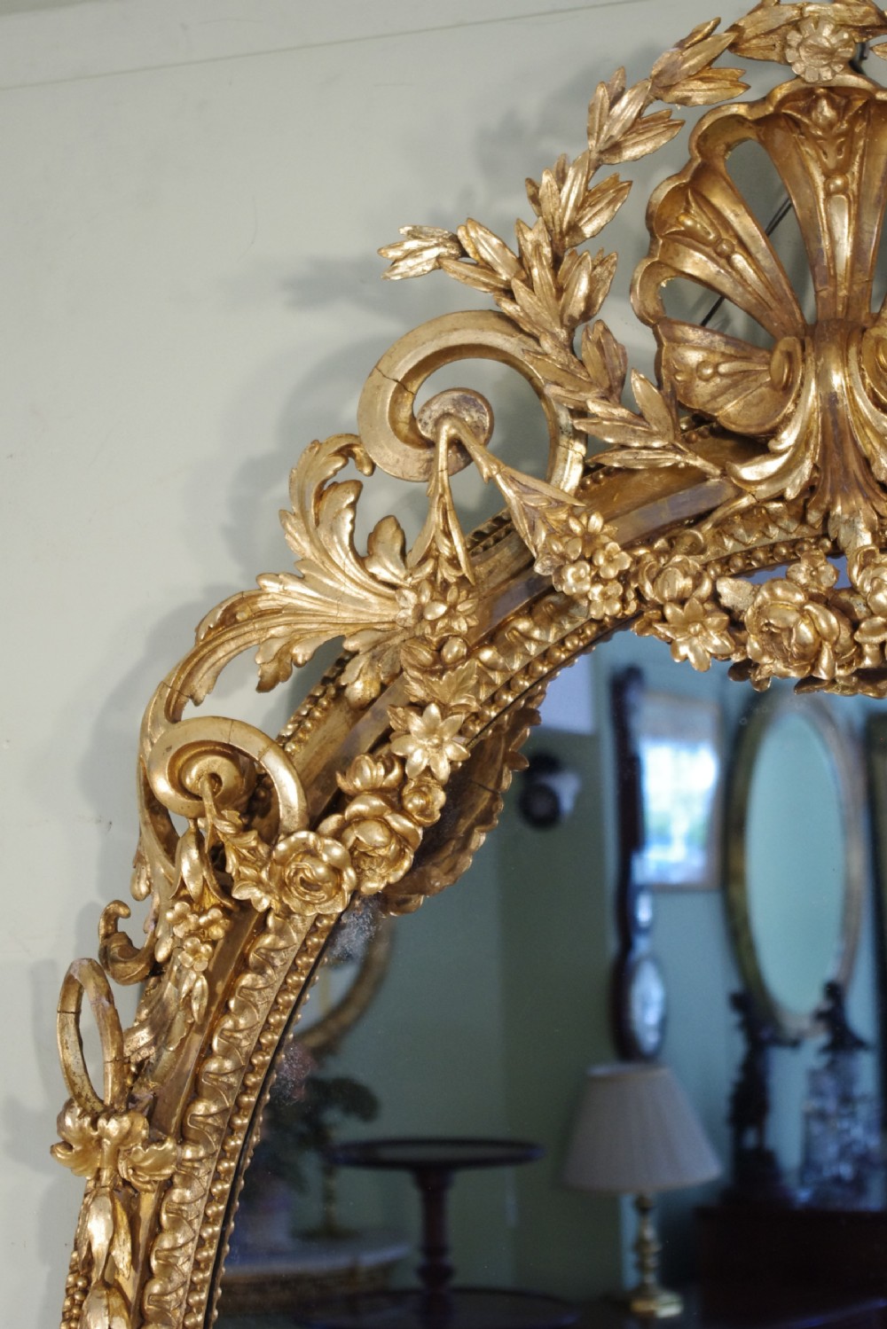 English Victorian Gilt Large Oval Three Candle Sconce Girandole/Overmantle/ Wall Mirror View VII