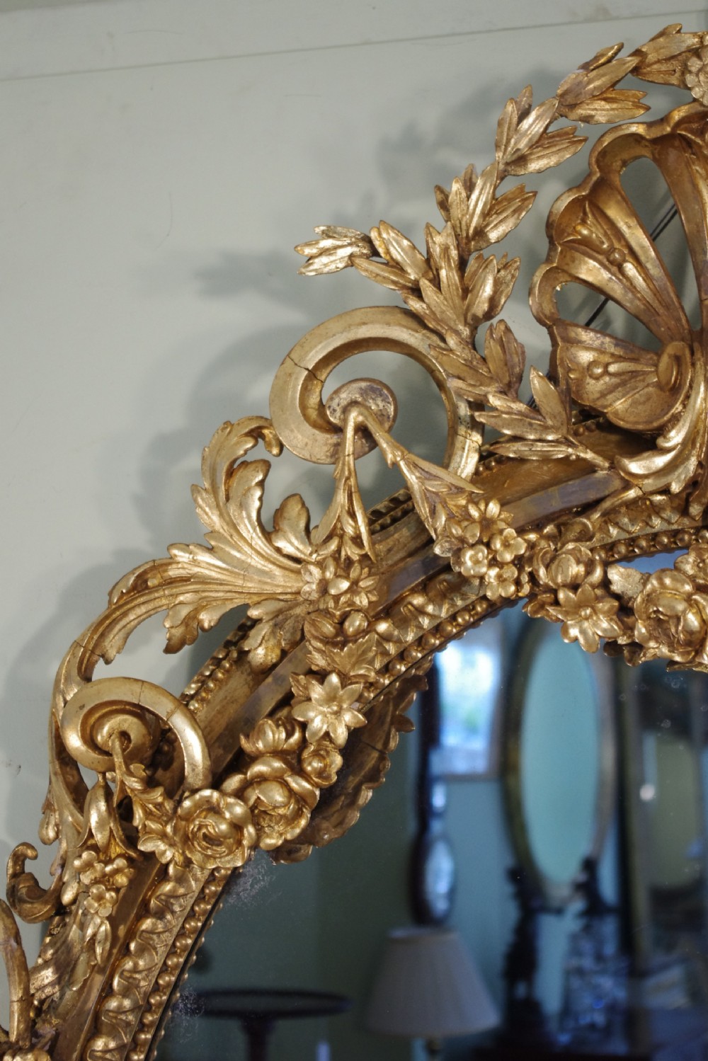 English Victorian Gilt Large Oval Three Candle Sconce Girandole/Overmantle/ Wall Mirror View VIII
