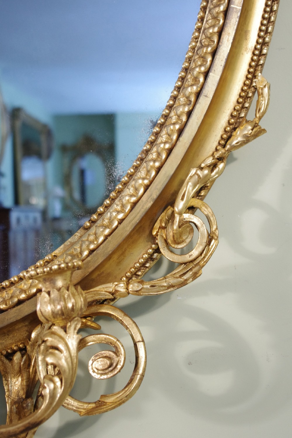 English Victorian Gilt Large Oval Three Candle Sconce Girandole/Overmantle/ Wall Mirror View XII