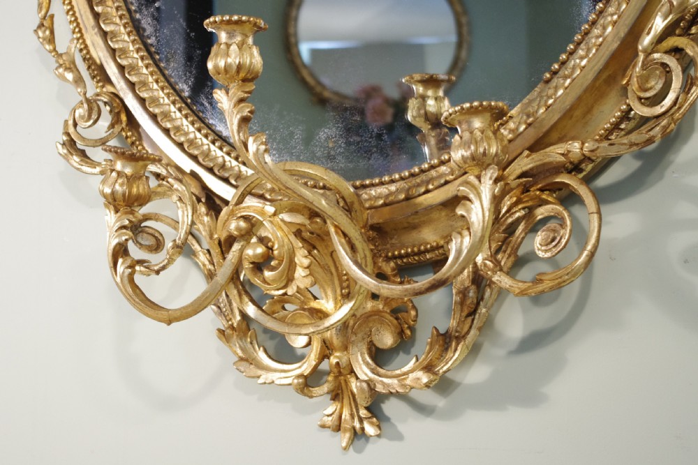 English Victorian Gilt Large Oval Three Candle Sconce Girandole/Overmantle/ Wall Mirror View XIII