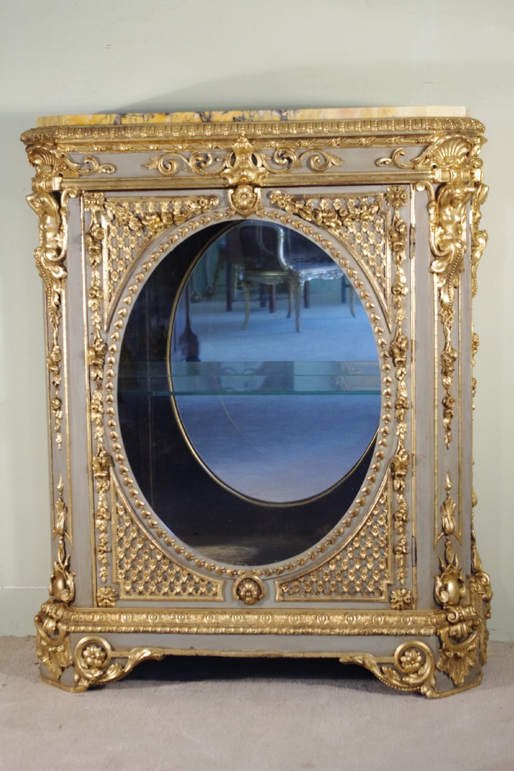 French Painted and Parcel-Gilt Vitrine with Marble Top