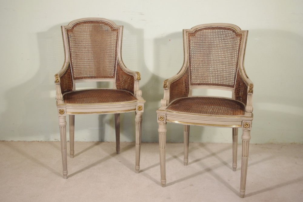 Pair French Painted Cane Armchairs 