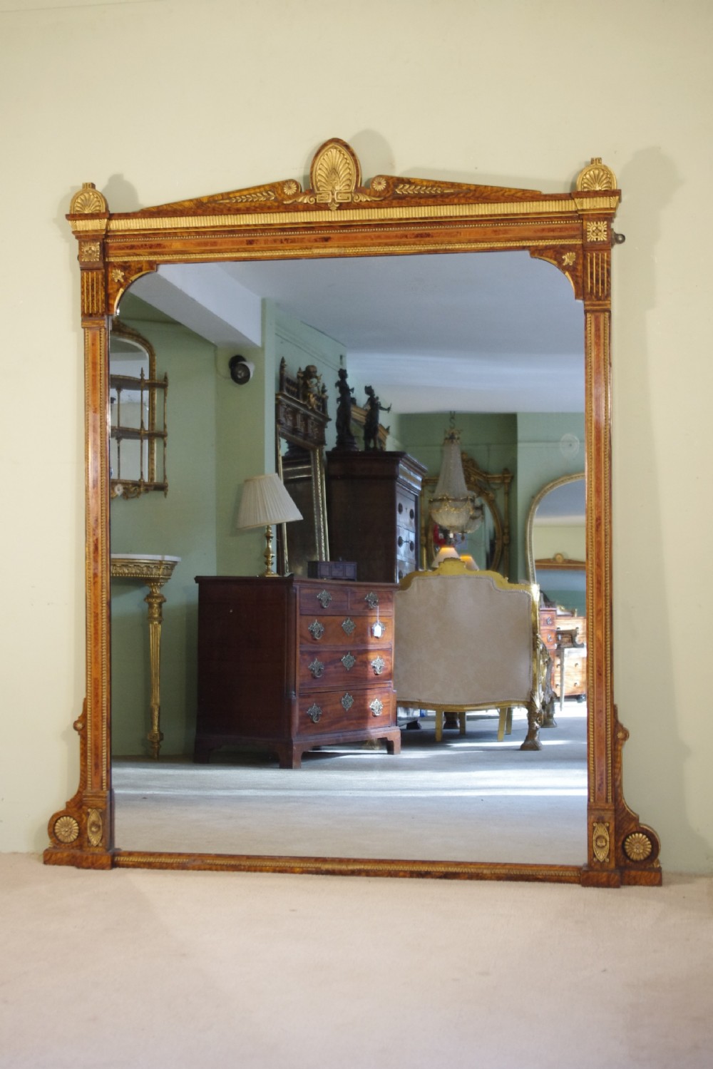 English Victorian Simulated Walnut and Parcel-Gilt Large Overmantle Mirror