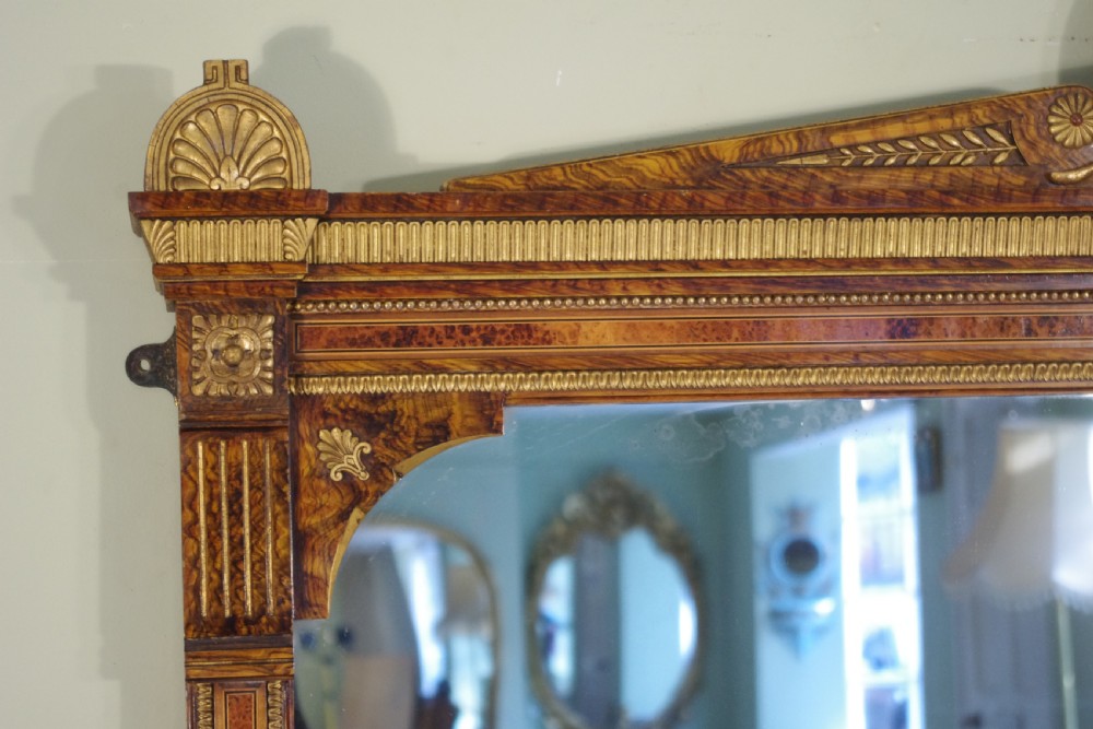 English Victorian Simulated Walnut and Parcel-Gilt Large Overmantle Mirror View V