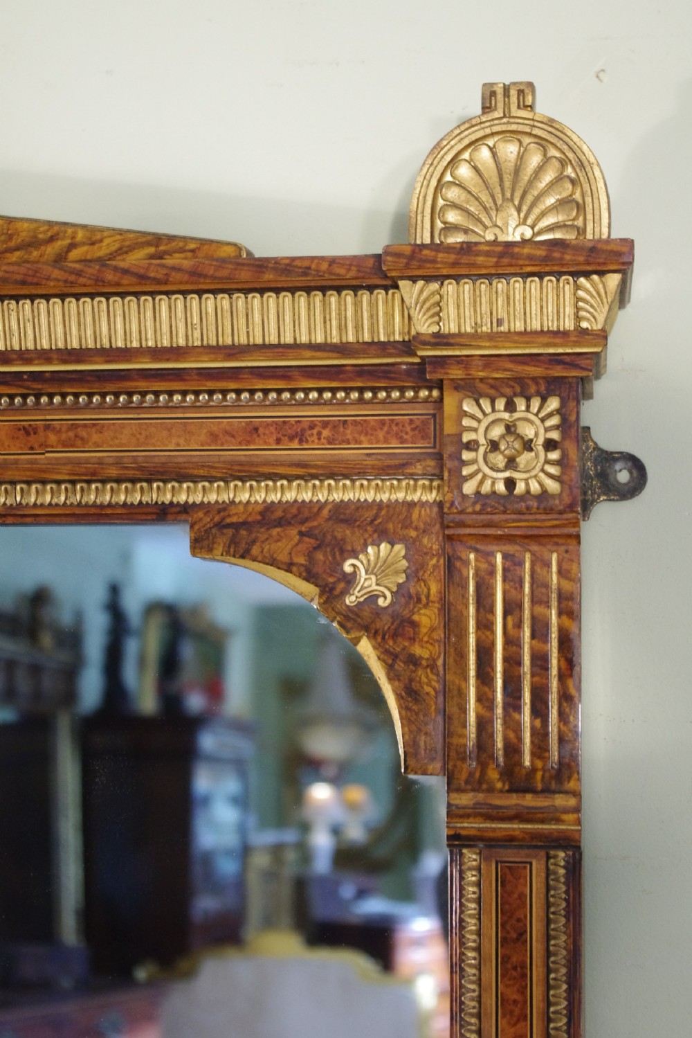 English Victorian Simulated Walnut and Parcel-Gilt Large Overmantle Mirror View VI