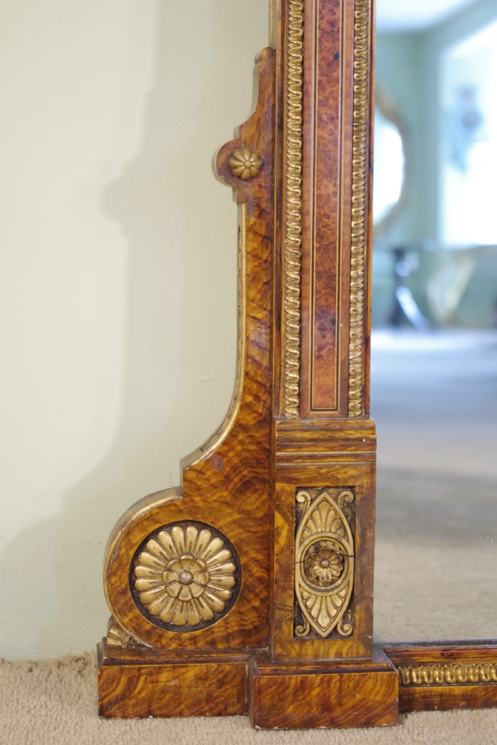 English Victorian Simulated Walnut and Parcel-Gilt Large Overmantle Mirror View IX