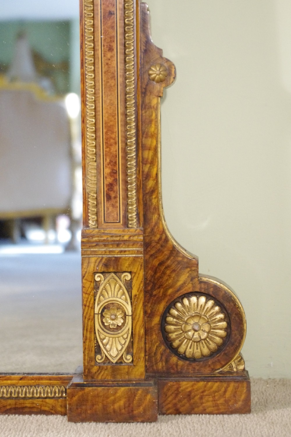 English Victorian Simulated Walnut and Parcel-Gilt Large Overmantle Mirror View X