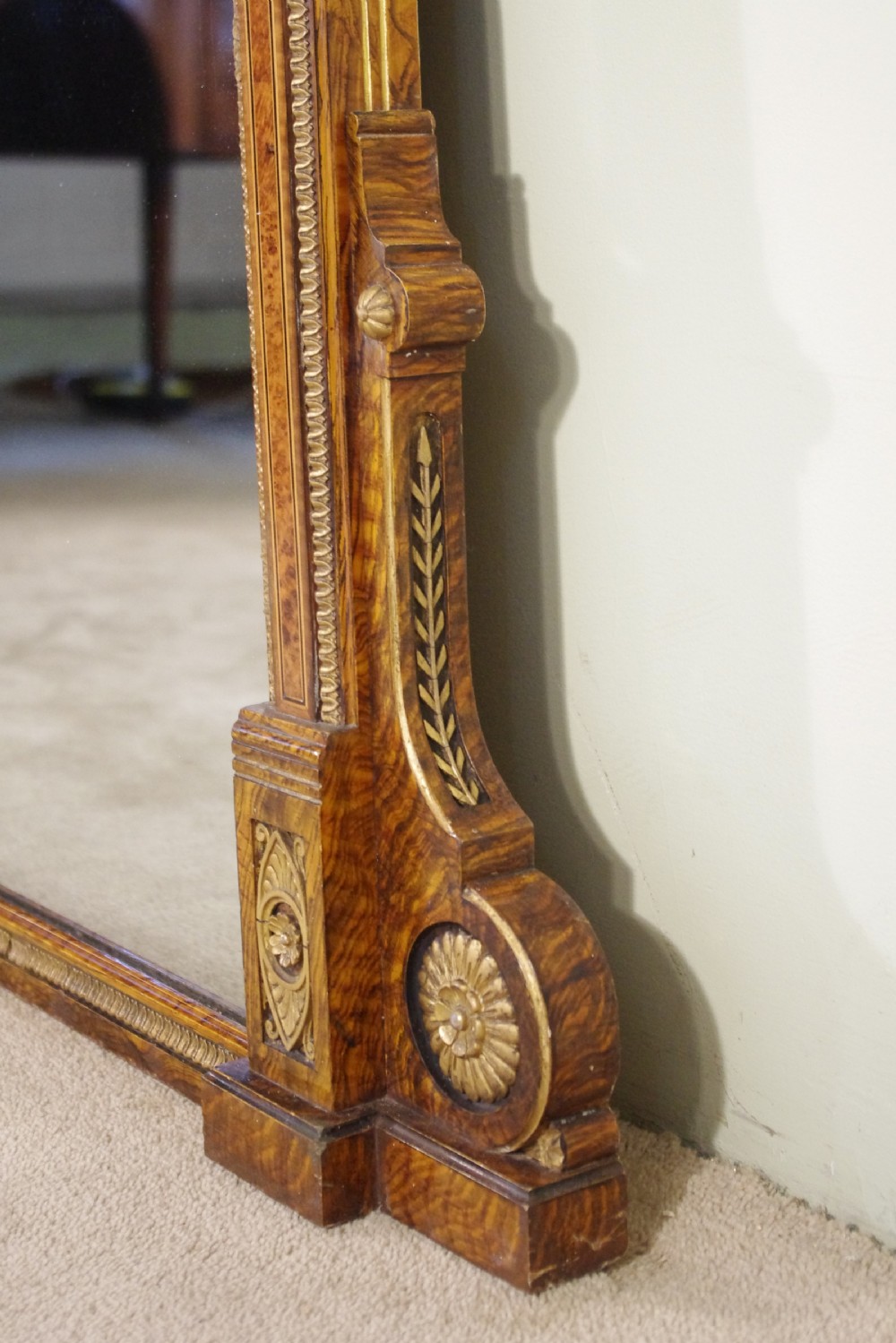 English Victorian Simulated Walnut and Parcel-Gilt Large Overmantle Mirror View XI