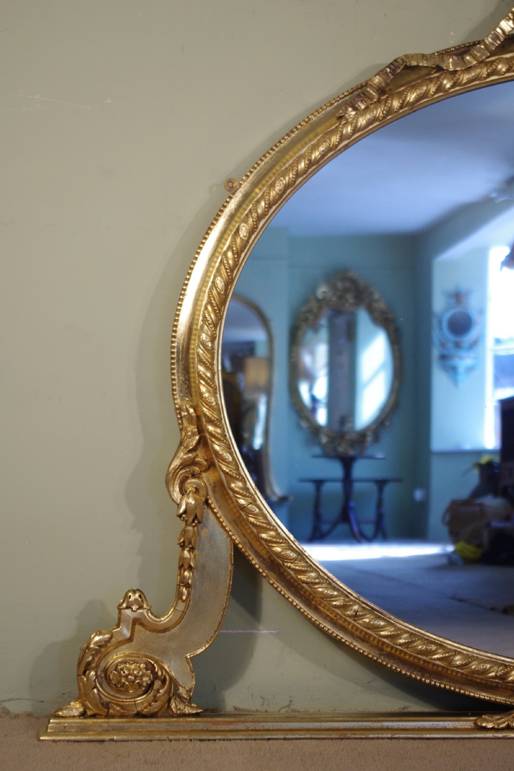 English Victorian Gilt Large Oval Overmantle Mirror View II