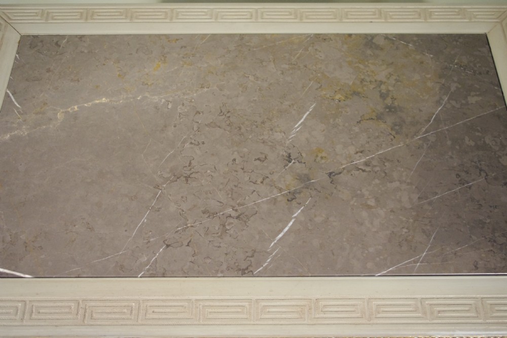 A grey painted rectangular centre table featuring ornate parcel-gilt leaf carvings on cabriole legs and an inset grey marble top. View XVIII