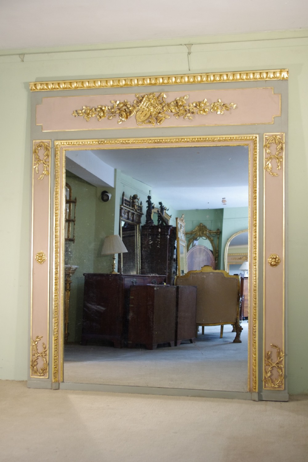 French Painted and Parcel-Gilt Large Trumeau/Overmantle Mirror