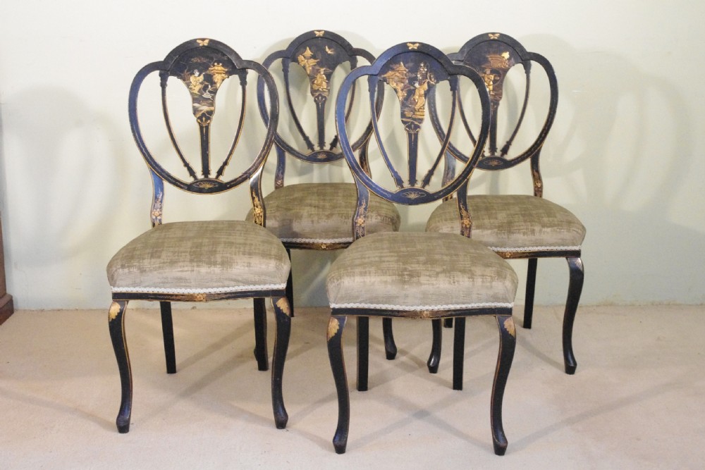 Set of Four Black Lacquer and Gilt Chinoiserie Chairs View II