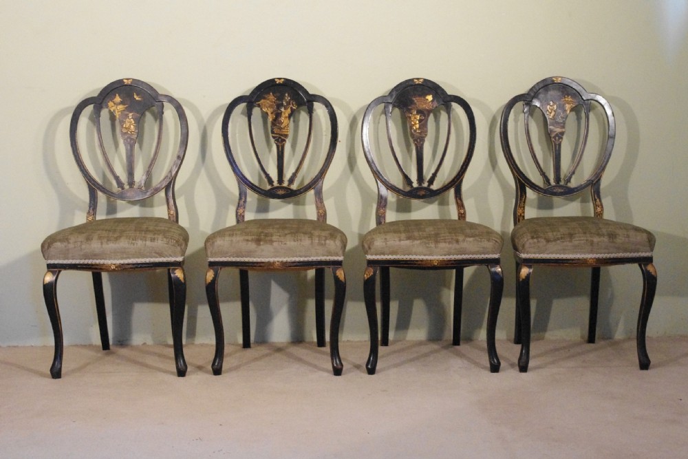 Set of Four Black Lacquer and Gilt Chinoiserie Chairs View III