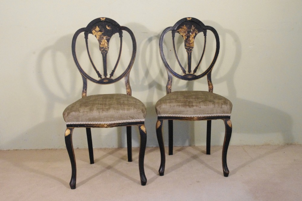 Set of Four Black Lacquer and Gilt Chinoiserie Chairs View IV