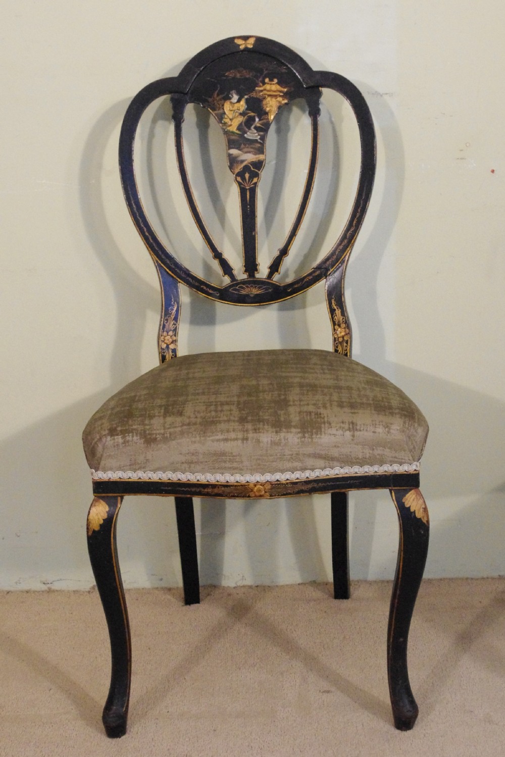 Set of Four Black Lacquer and Gilt Chinoiserie Chairs View V