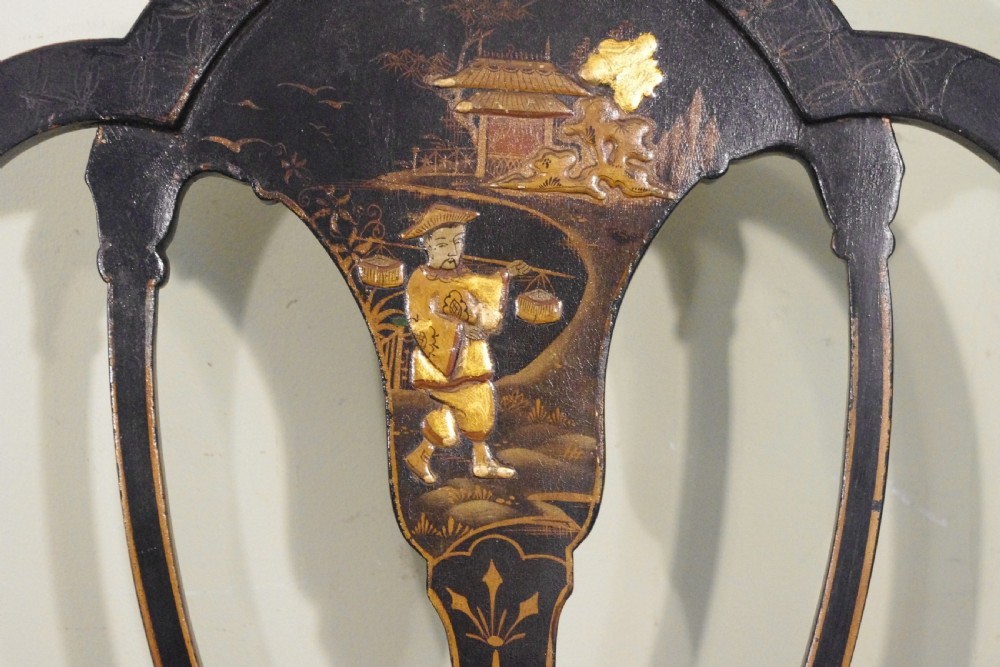 Set of Four Black Lacquer and Gilt Chinoiserie Chairs View X