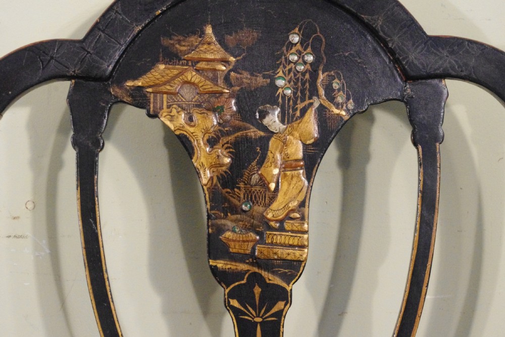 Set of Four Black Lacquer and Gilt Chinoiserie Chairs View XII