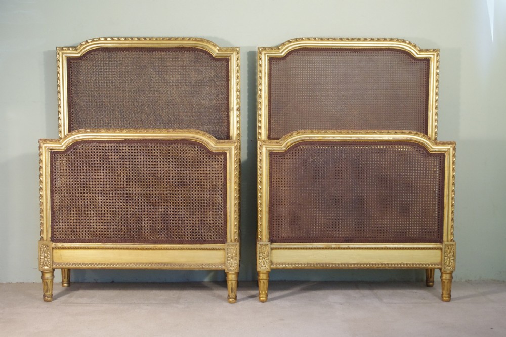 Pair French Gilt Cane Single Beds