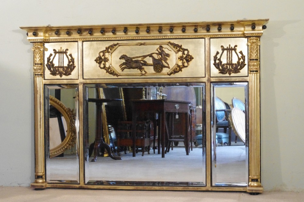 English Victorian Gilt and Ebonised Large Triple-Plate Overmantle Mirror