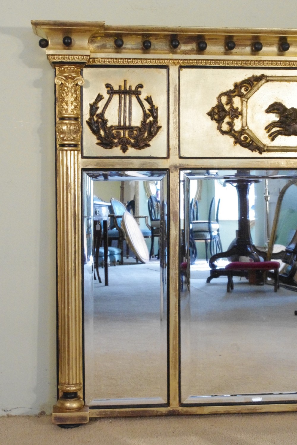 English Victorian Gilt and Ebonised Large Triple-Plate Overmantle Mirror View III