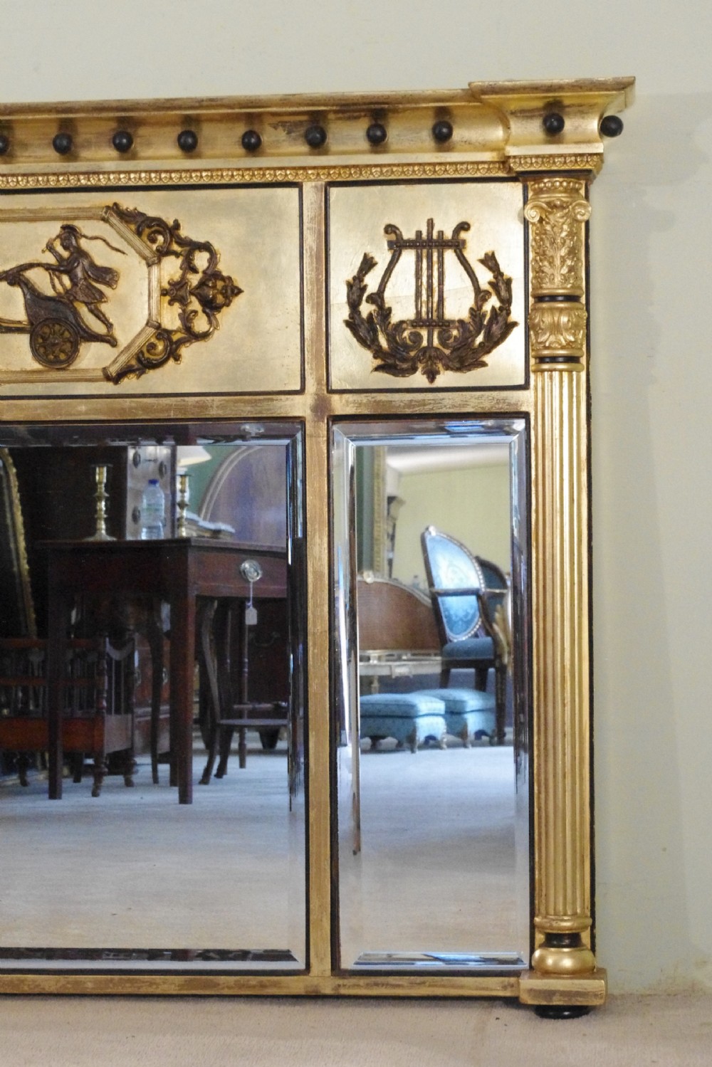 English Victorian Gilt and Ebonised Large Triple-Plate Overmantle Mirror View IV