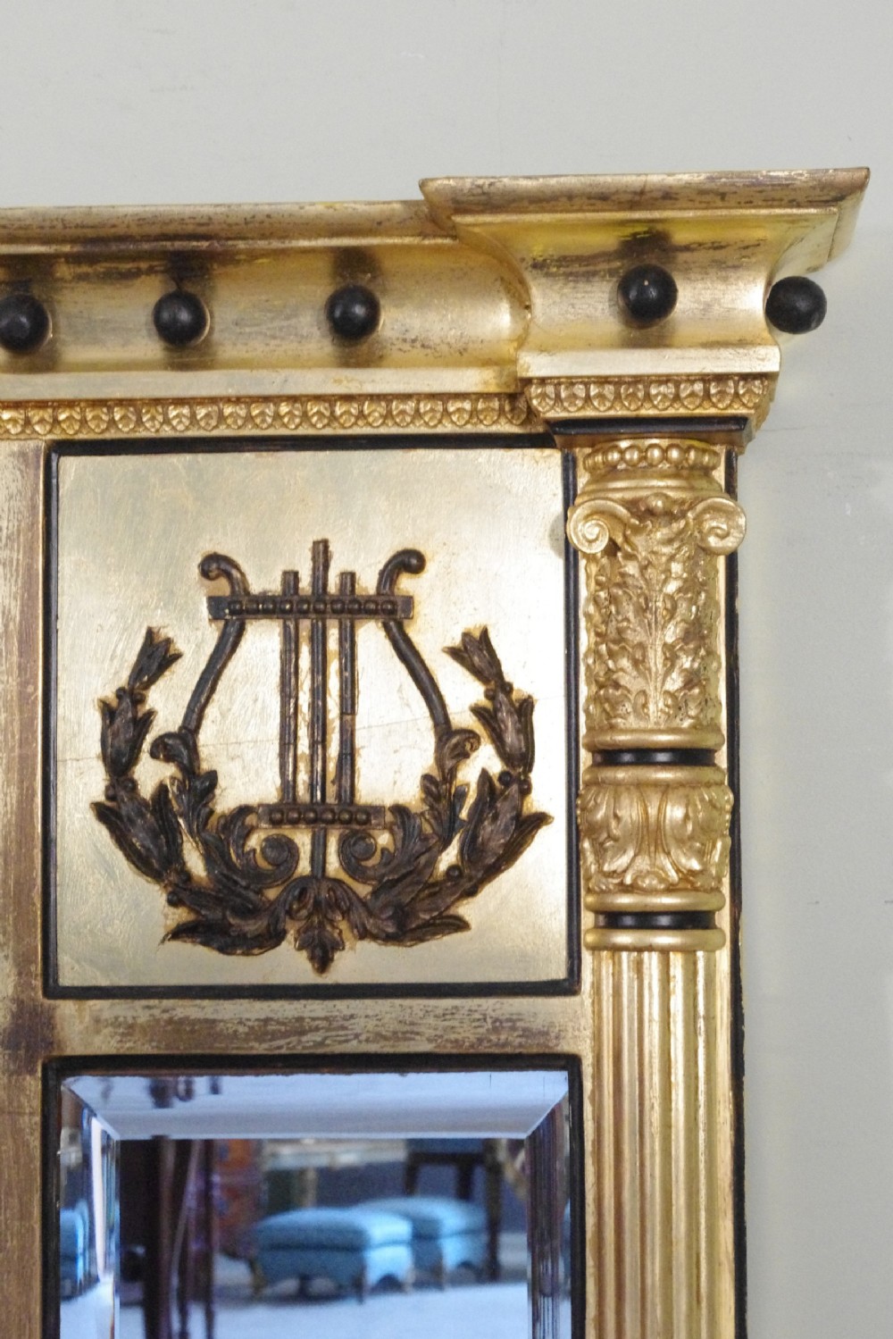 English Victorian Gilt and Ebonised Large Triple-Plate Overmantle Mirror View VI