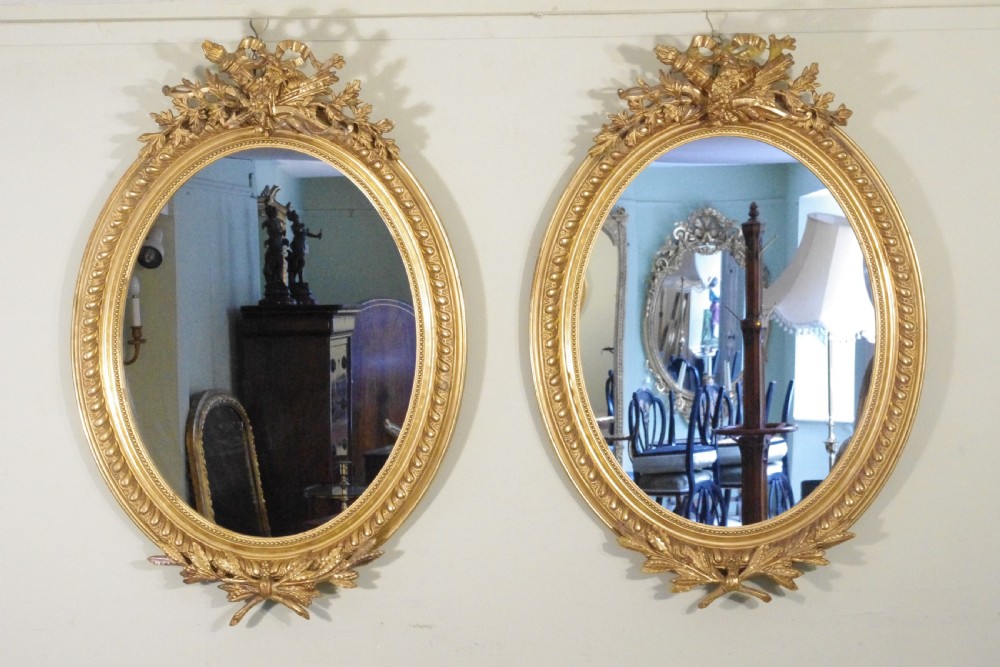 Pair French Gilt Large Oval Wall Mirrors
