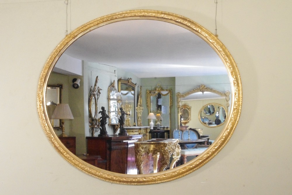 English Victorian Gilt Very Large Oval Overmantle/Wall Mirror