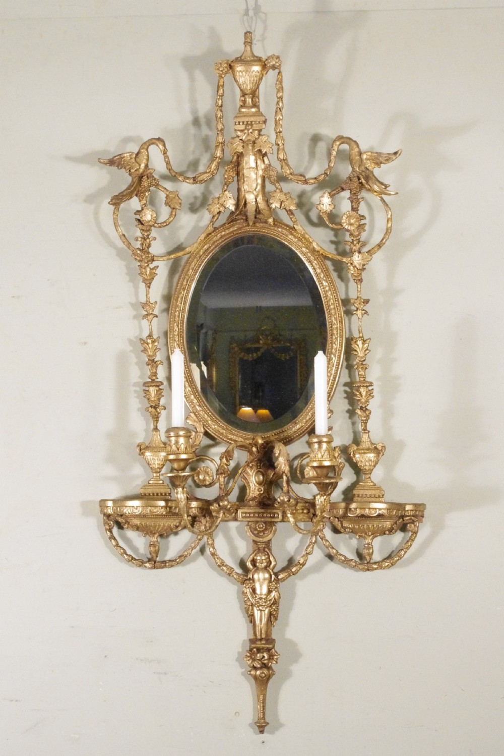Gilt Adam Style Girandole Wall Mirror with Candle Sconces