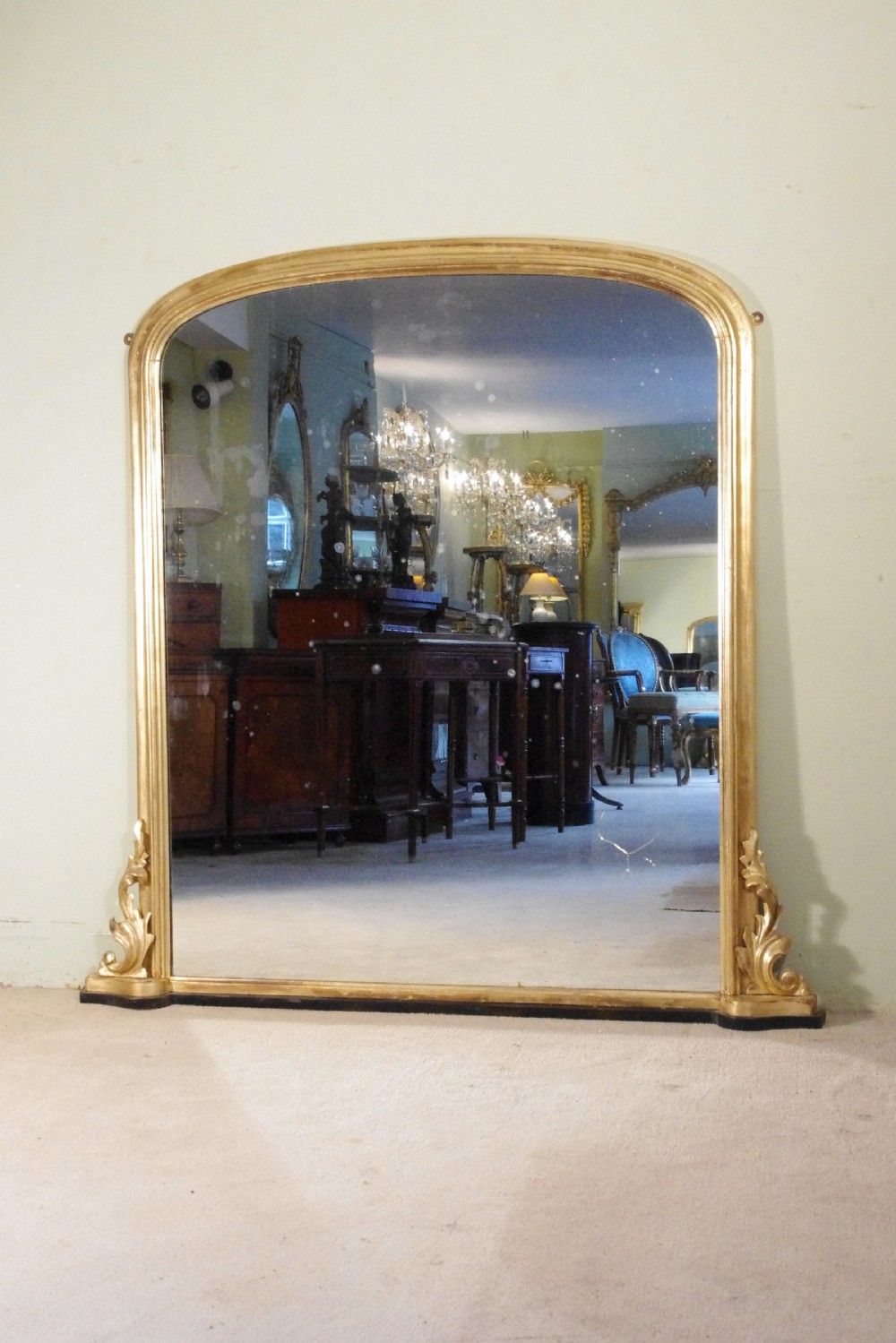 English Victorian Gilt Large Arch Top Overmantle Mirror 
