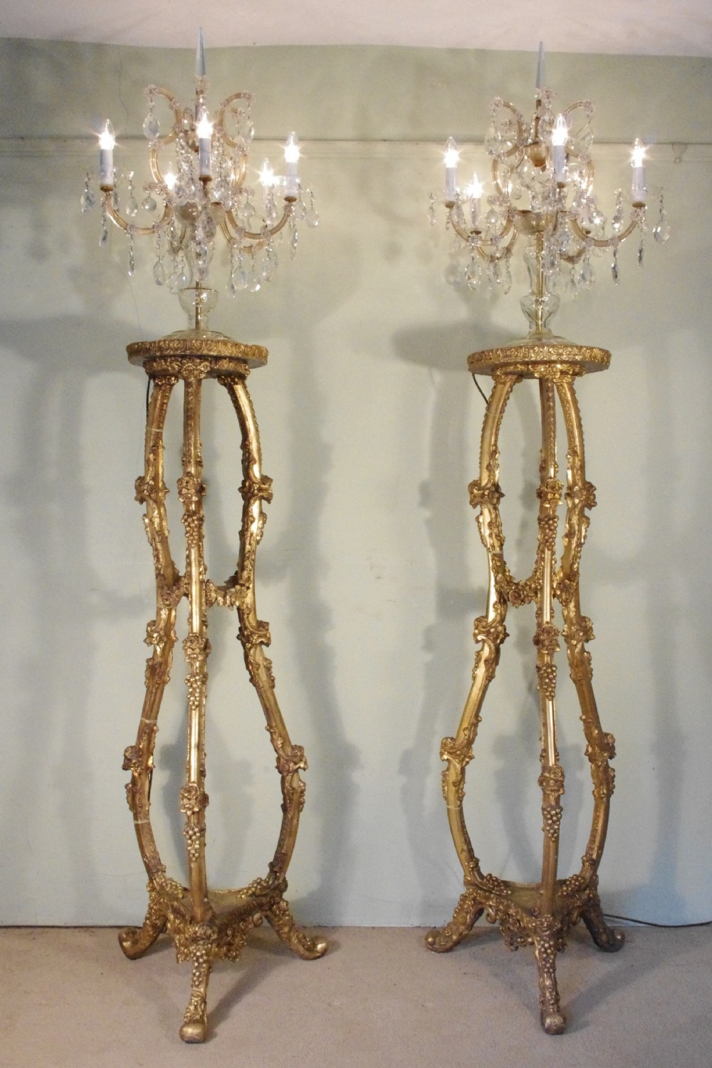 Stunning Pair of Crystal Candelabra Lights on Gilt Torcheres