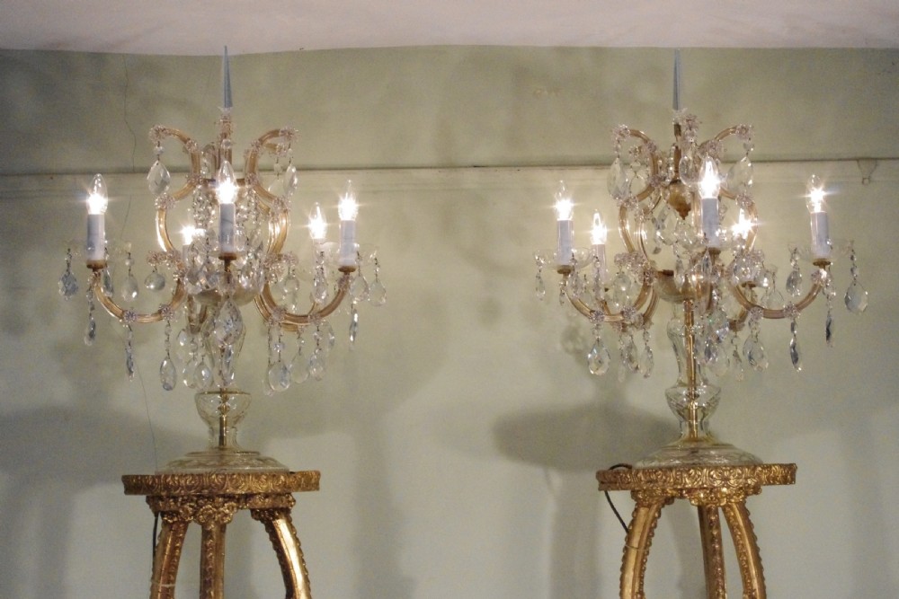 Stunning Pair of Crystal Candelabra Lights on Gilt Torcheres View II