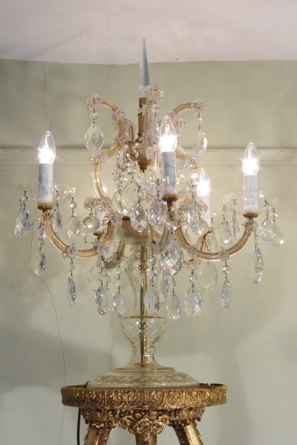 Stunning Pair of Crystal Candelabra Lights on Gilt Torcheres View VI